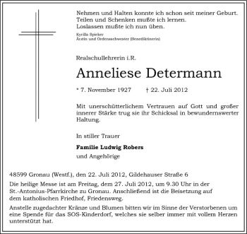 Anzeige von Anneliese Determann von Westfälische Nachrichten