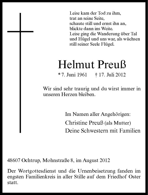  Traueranzeige für Helmut Preuß vom 30.07.2012 aus Westfälische Nachrichten
