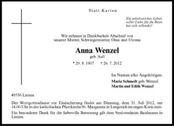 Anzeige von Anna Wenzel von Westfälische Nachrichten