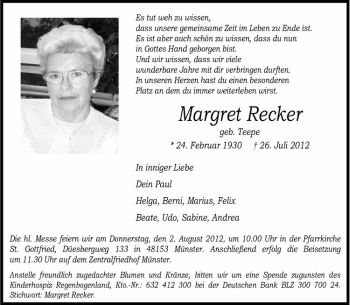 Anzeige von Margret Recker von Westfälische Nachrichten