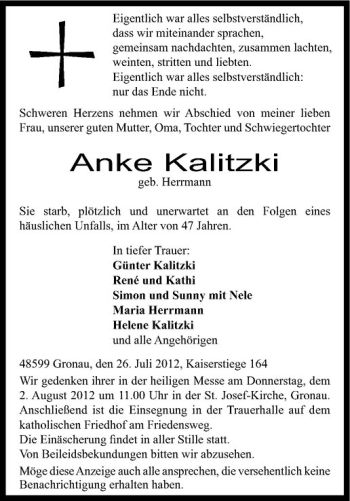 Anzeige von Anke Kalitzki von Westfälische Nachrichten
