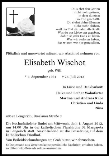 Anzeige von Elisabeth Wischot von Westfälische Nachrichten