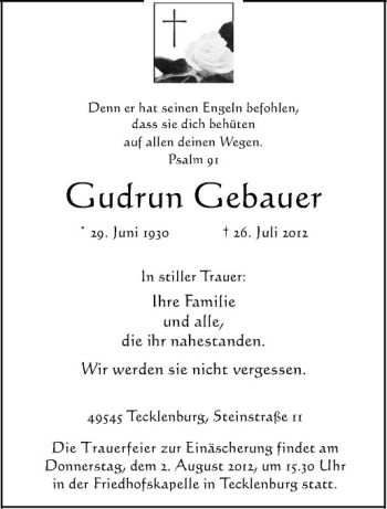 Anzeige von Gudrun Gebauer von Westfälische Nachrichten
