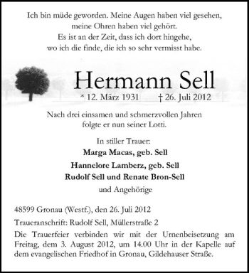 Anzeige von Hermann Sell von Westfälische Nachrichten