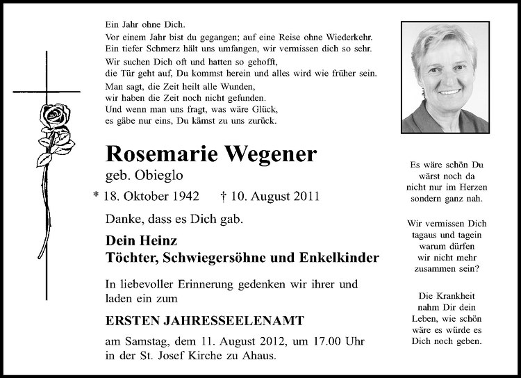  Traueranzeige für Rosemarie Wegener vom 08.08.2012 aus Westfälische Nachrichten