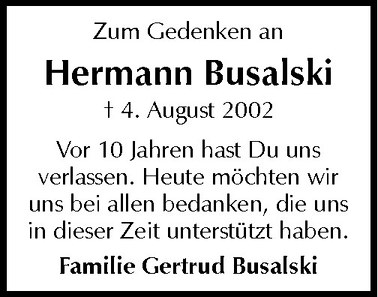  Traueranzeige für Hermann Busalski vom 04.08.2012 aus Westfälische Nachrichten