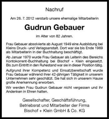 Anzeige von Gudrun Gebauer von Westfälische Nachrichten