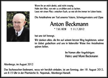 Anzeige von Anton Beckmann von Westfälische Nachrichten