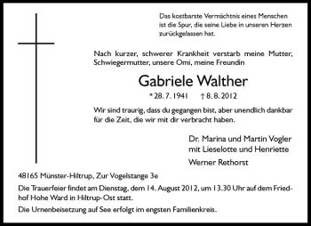 Anzeige von Gabriele Walther von Westfälische Nachrichten