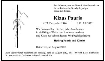 Anzeige von Klaus Pauris von Westfälische Nachrichten