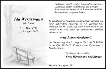 Anzeige von Ida Wernsmann von Westfälische Nachrichten