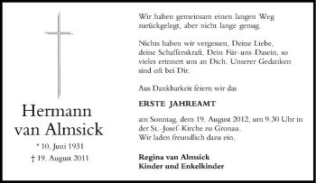 Anzeige von Hermann van Almsick von Westfälische Nachrichten