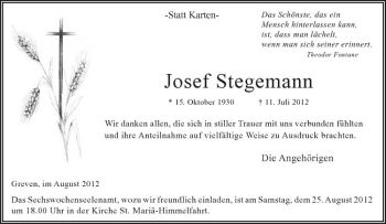 Anzeige von Josef Stegemann von Westfälische Nachrichten