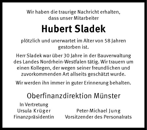  Traueranzeige für Hubert Sladek vom 18.08.2012 aus Westfälische Nachrichten