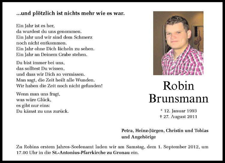  Traueranzeige für Robin Brunsmann vom 27.08.2012 aus Westfälische Nachrichten