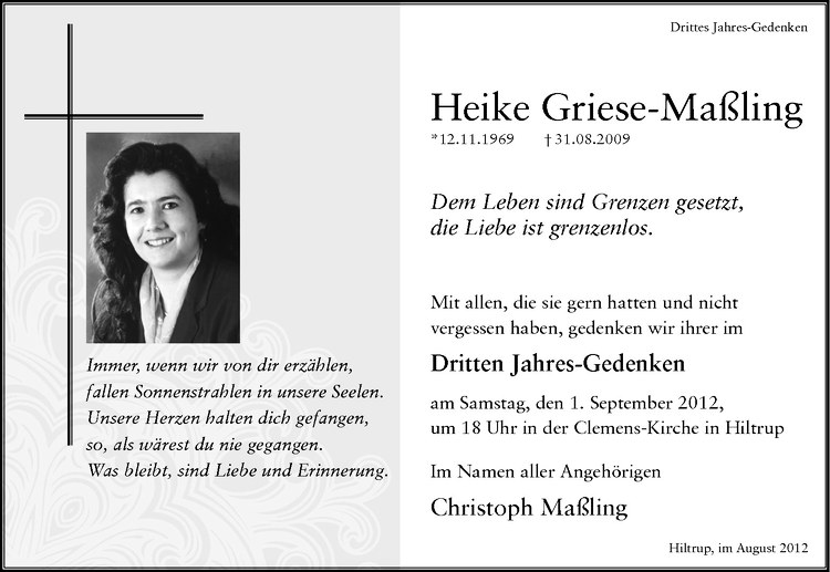  Traueranzeige für Heike Griese-Maßling vom 25.08.2012 aus Westfälische Nachrichten
