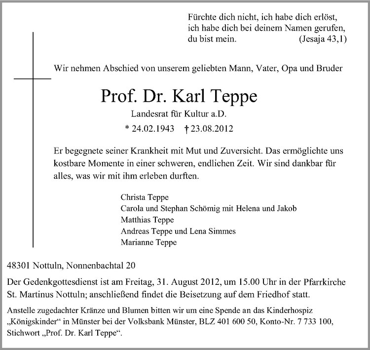  Traueranzeige für Karl Teppe vom 28.08.2012 aus Westfälische Nachrichten