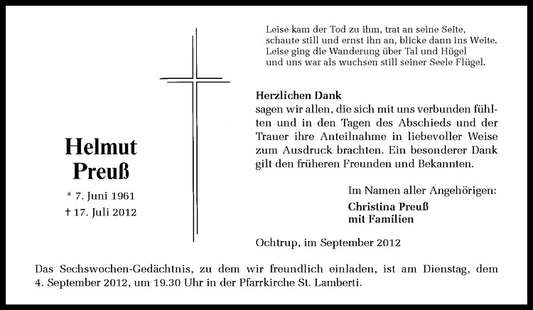  Traueranzeige für Helmut Preuß vom 31.08.2012 aus Westfälische Nachrichten