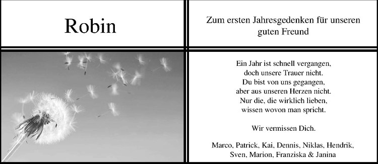 Traueranzeige für Robin Brunsmann vom 01.09.2012 aus Westfälische Nachrichten