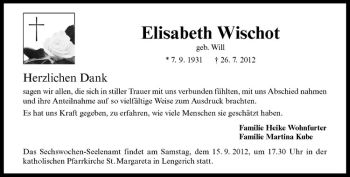 Anzeige von Elisabeth Wischot von Westfälische Nachrichten
