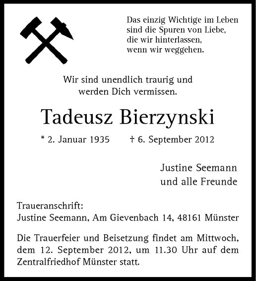  Traueranzeige für Tadeusz Bierzynski vom 08.09.2012 aus Westfälische Nachrichten