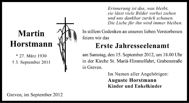  Traueranzeige für Martin Horstmann vom 08.09.2012 aus Westfälische Nachrichten