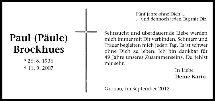  Traueranzeige für Paul Brockhues vom 11.09.2012 aus Westfälische Nachrichten
