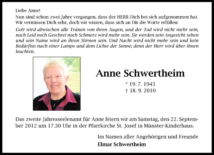  Traueranzeige für Anne Schwertheim vom 19.09.2012 aus Westfälische Nachrichten