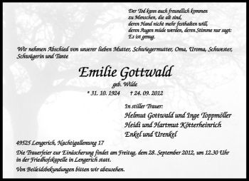 Anzeige von Emilie Gottwald von Westfälische Nachrichten