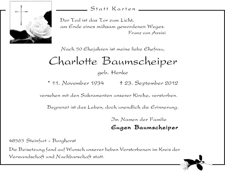  Traueranzeige für Charlotte Baumscheiper vom 29.09.2012 aus Westfälische Nachrichten