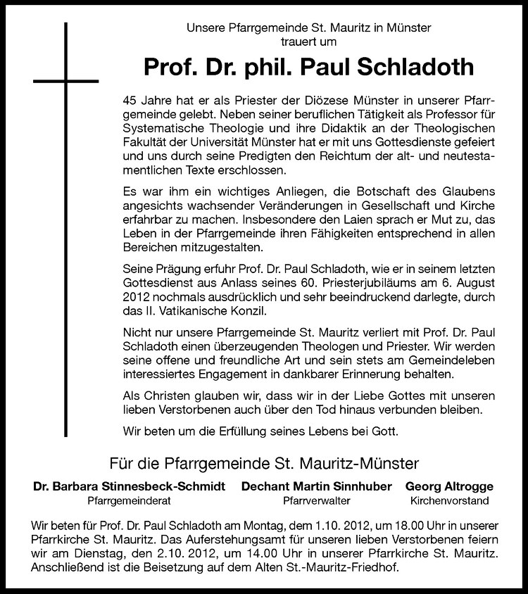  Traueranzeige für Paul Schladoth vom 29.09.2012 aus Westfälische Nachrichten