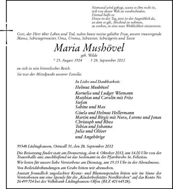 Anzeige von Maria Mushövel von Westfälische Nachrichten