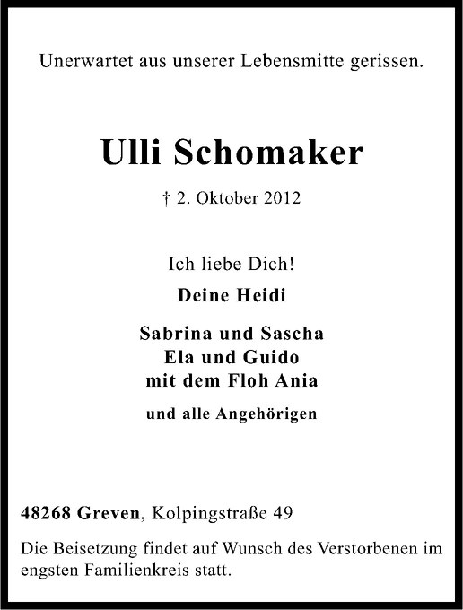  Traueranzeige für Ulli Schomaker vom 06.10.2012 aus Westfälische Nachrichten