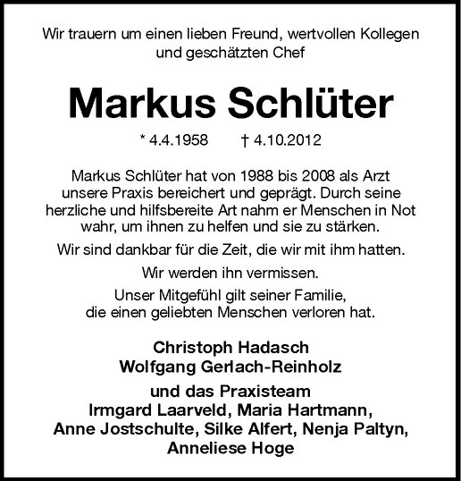  Traueranzeige für Markus Schlüter vom 06.10.2012 aus Westfälische Nachrichten