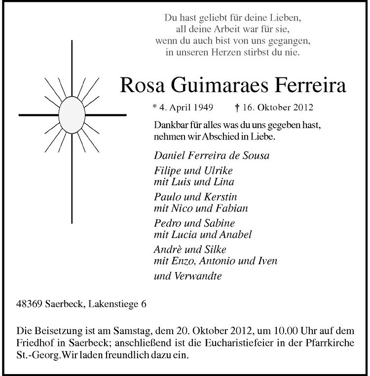  Traueranzeige für Rosa Guimaraes Ferreira vom 18.10.2012 aus Westfälische Nachrichten