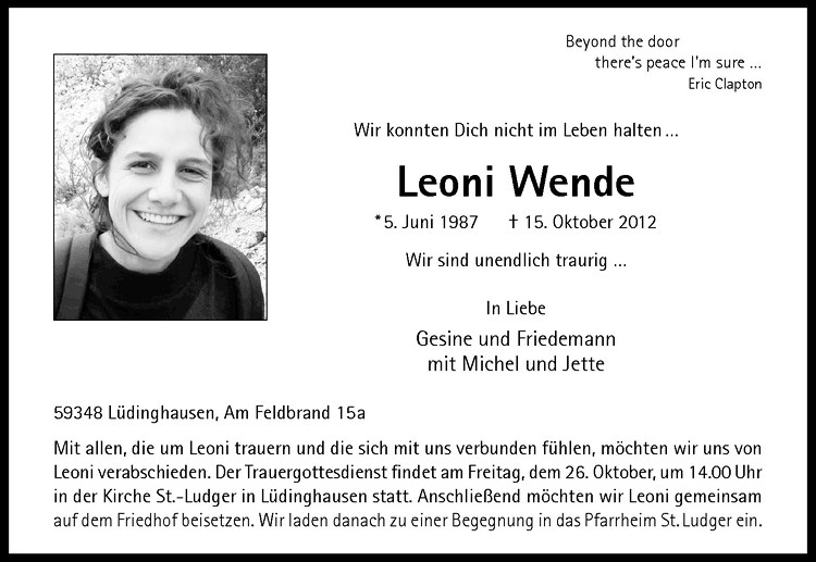  Traueranzeige für Leoni Wende vom 23.10.2012 aus Westfälische Nachrichten