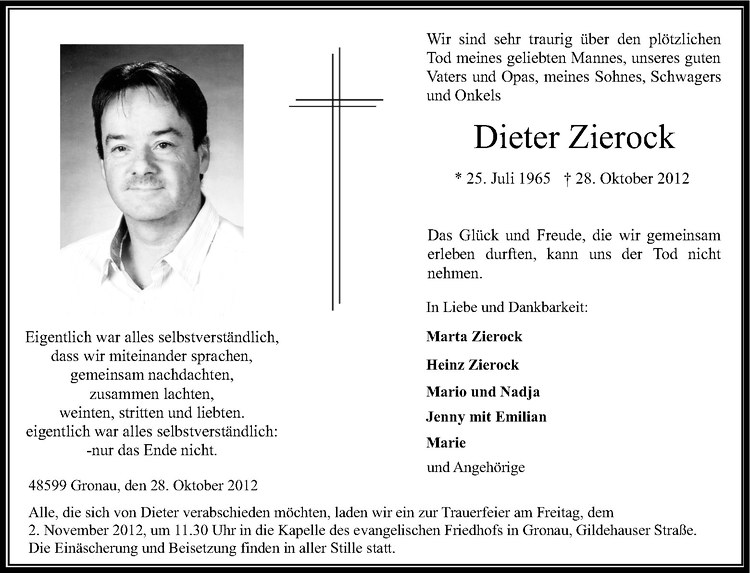  Traueranzeige für Dieter Zierock vom 30.10.2012 aus Westfälische Nachrichten