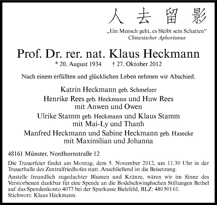  Traueranzeige für Klaus Heckmann vom 03.11.2012 aus Westfälische Nachrichten