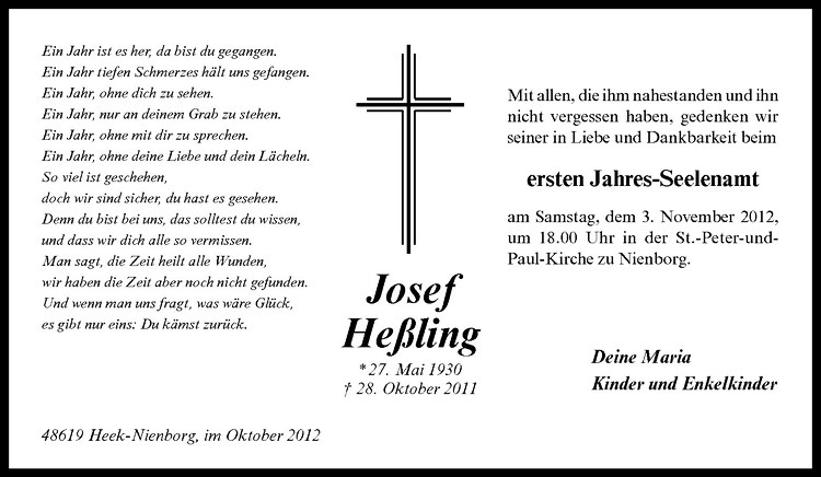  Traueranzeige für Josef Heßling vom 31.10.2012 aus Westfälische Nachrichten
