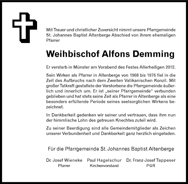  Traueranzeige für Alfons Demming vom 03.11.2012 aus Westfälische Nachrichten