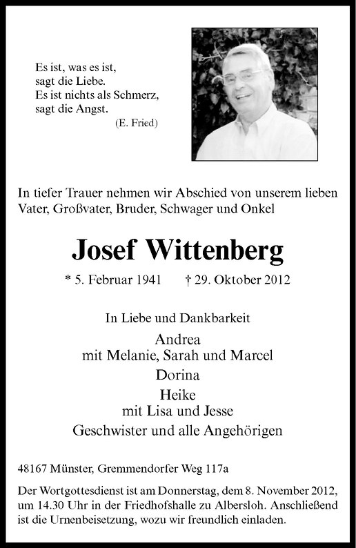  Traueranzeige für Josef Wittenberg vom 03.11.2012 aus Westfälische Nachrichten