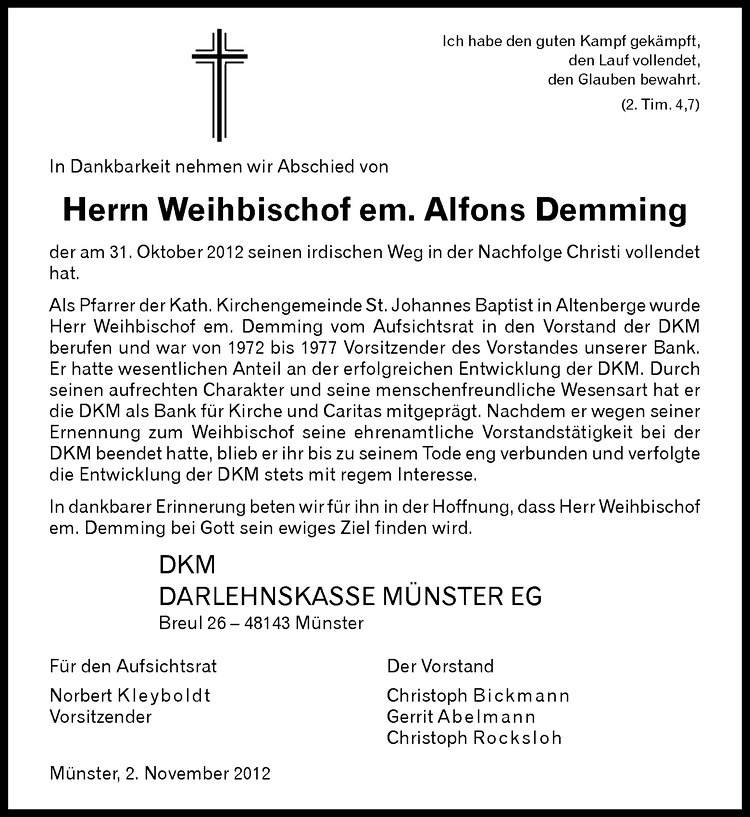  Traueranzeige für Alfons Demming vom 03.11.2012 aus Westfälische Nachrichten