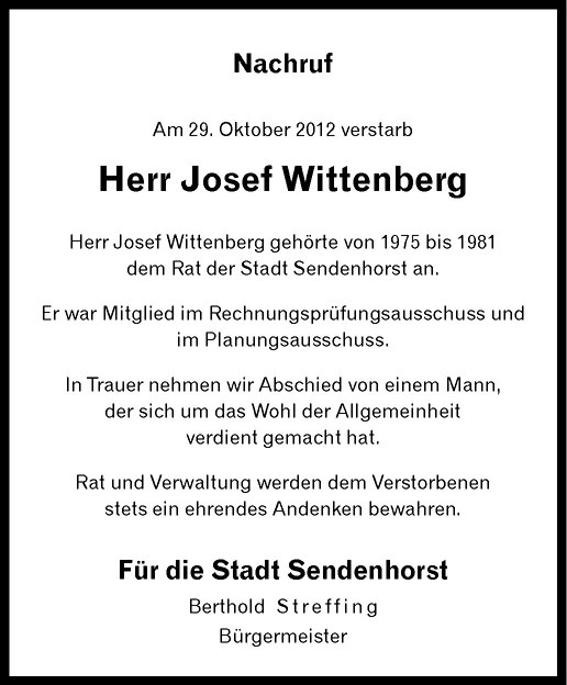  Traueranzeige für Josef Wittenberg vom 06.11.2012 aus Westfälische Nachrichten