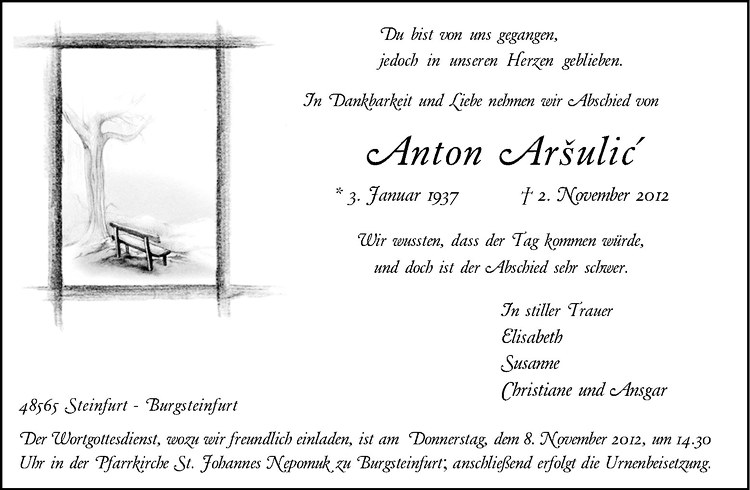  Traueranzeige für Anton Arsulic vom 06.11.2012 aus Westfälische Nachrichten
