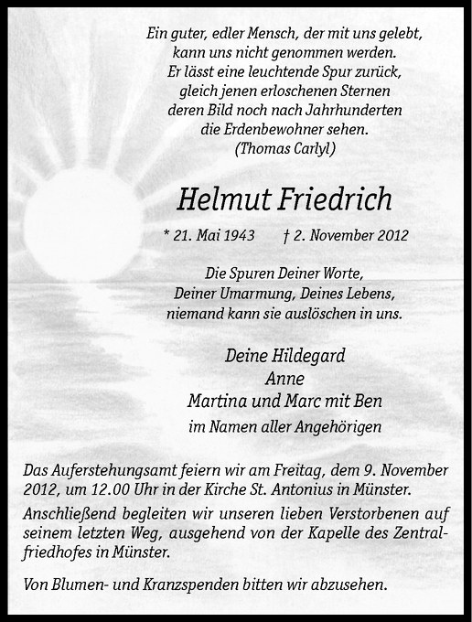  Traueranzeige für Helmut Friedrich vom 07.11.2012 aus Westfälische Nachrichten