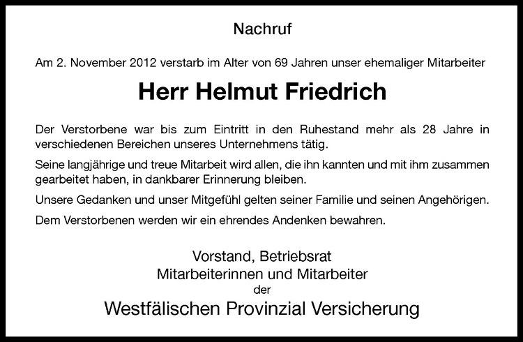  Traueranzeige für Helmut Friedrich vom 09.11.2012 aus Westfälische Nachrichten