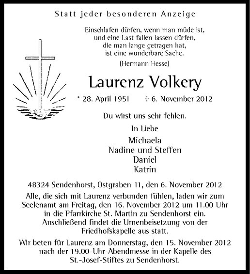  Traueranzeige für Laurenz Volkery vom 10.11.2012 aus Westfälische Nachrichten