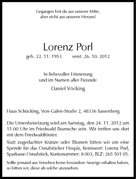  Traueranzeige für Lorenz Porl vom 17.11.2012 aus Westfälische Nachrichten