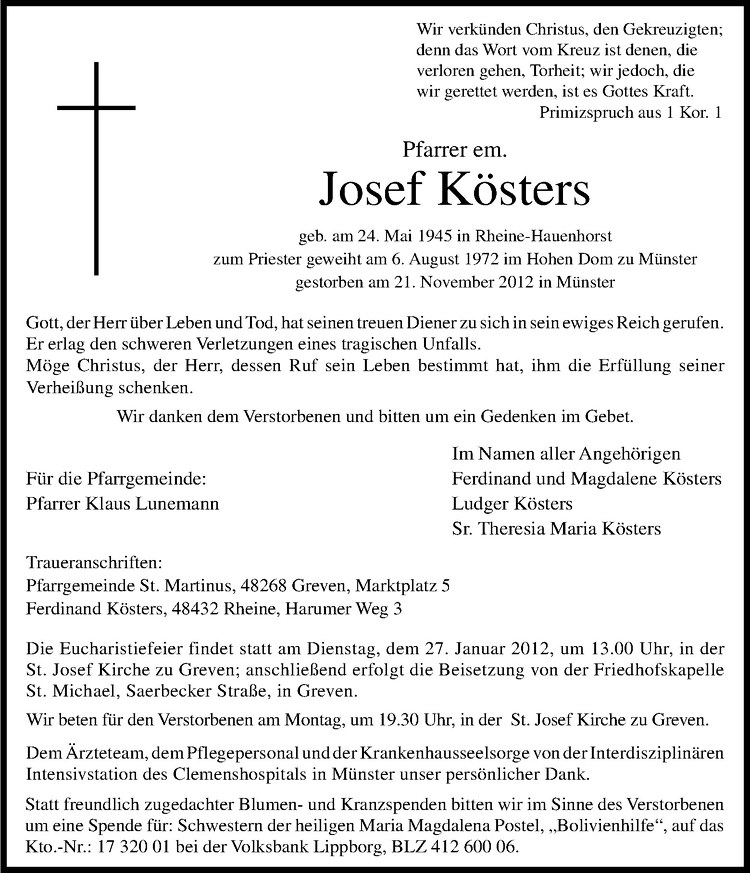  Traueranzeige für Josef Kösters vom 24.11.2012 aus Westfälische Nachrichten