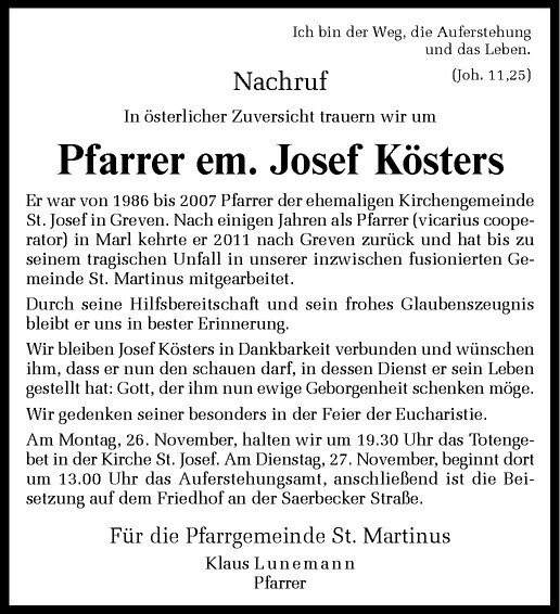 Traueranzeige für Josef Kösters vom 26.11.2012 aus Westfälische Nachrichten